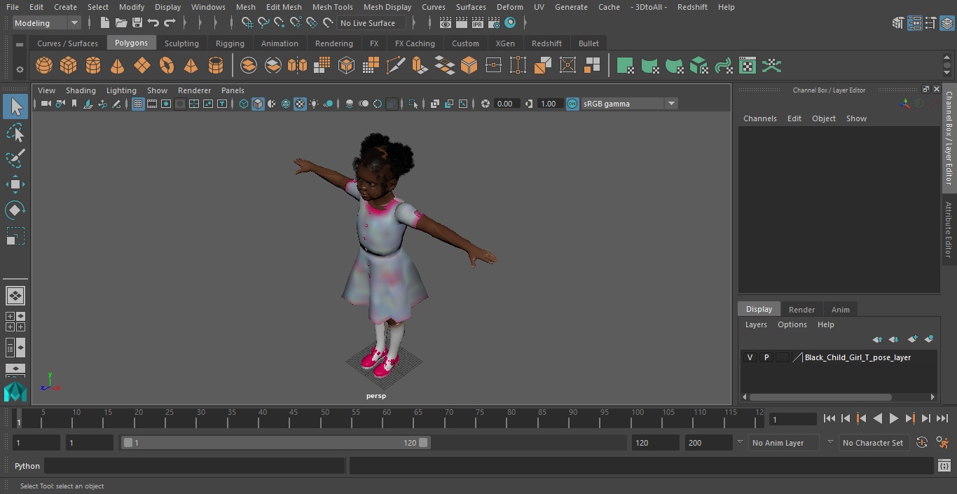 3D Black Child Girl T-pose model