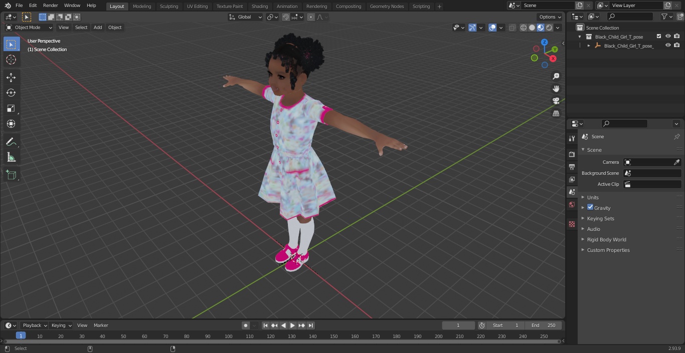 3D Black Child Girl T-pose model