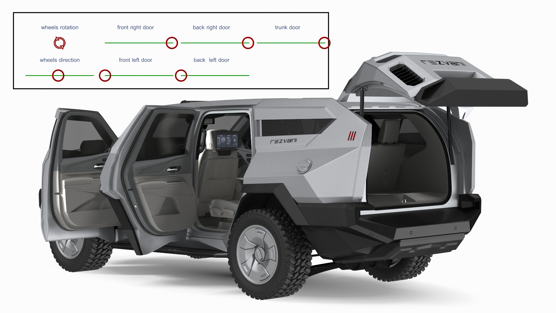 3D 2023 Rezvani Vengeance Armored SUV Lights On Rigged