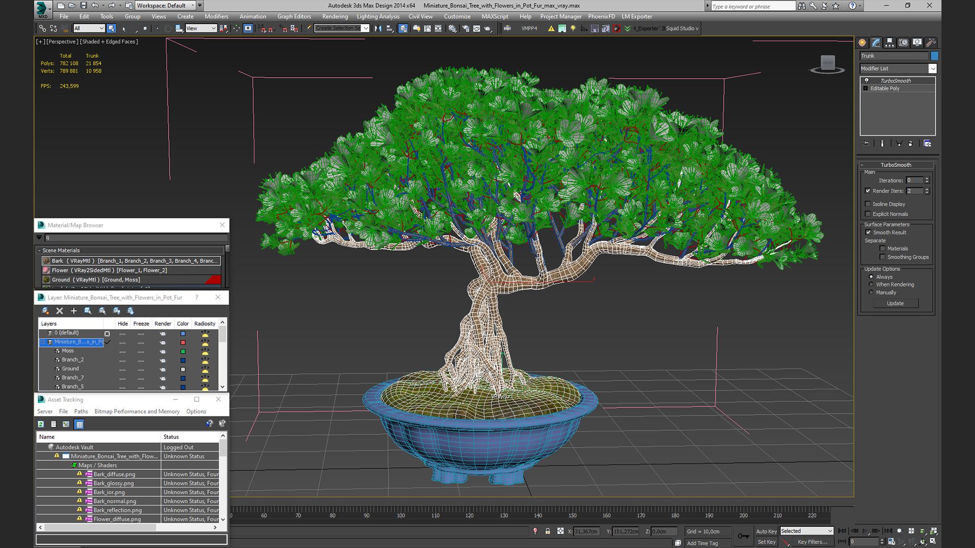 3D model Miniature Bonsai Tree with Flowers in Pot Fur