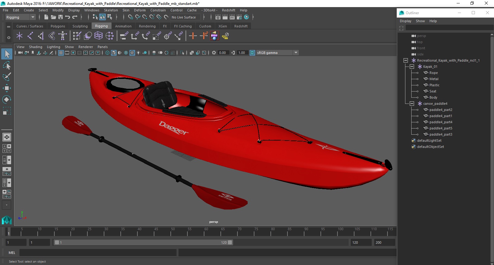 3D model Recreational Kayak with Paddle