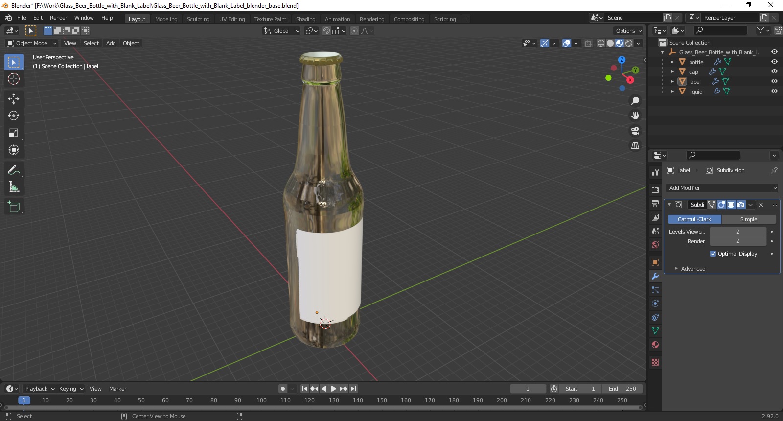 Glass Beer Bottle with Blank Label 3D model