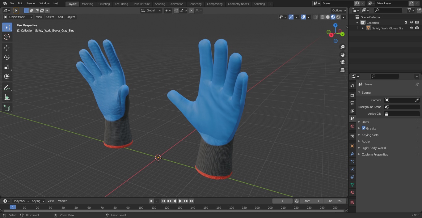 3D Safety Work Gloves Gray Blue model