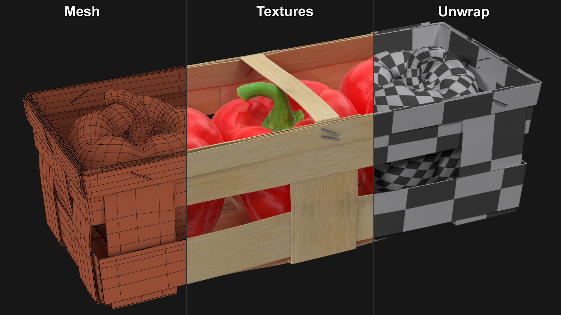 3D Wooden Basket with Bell Peppers