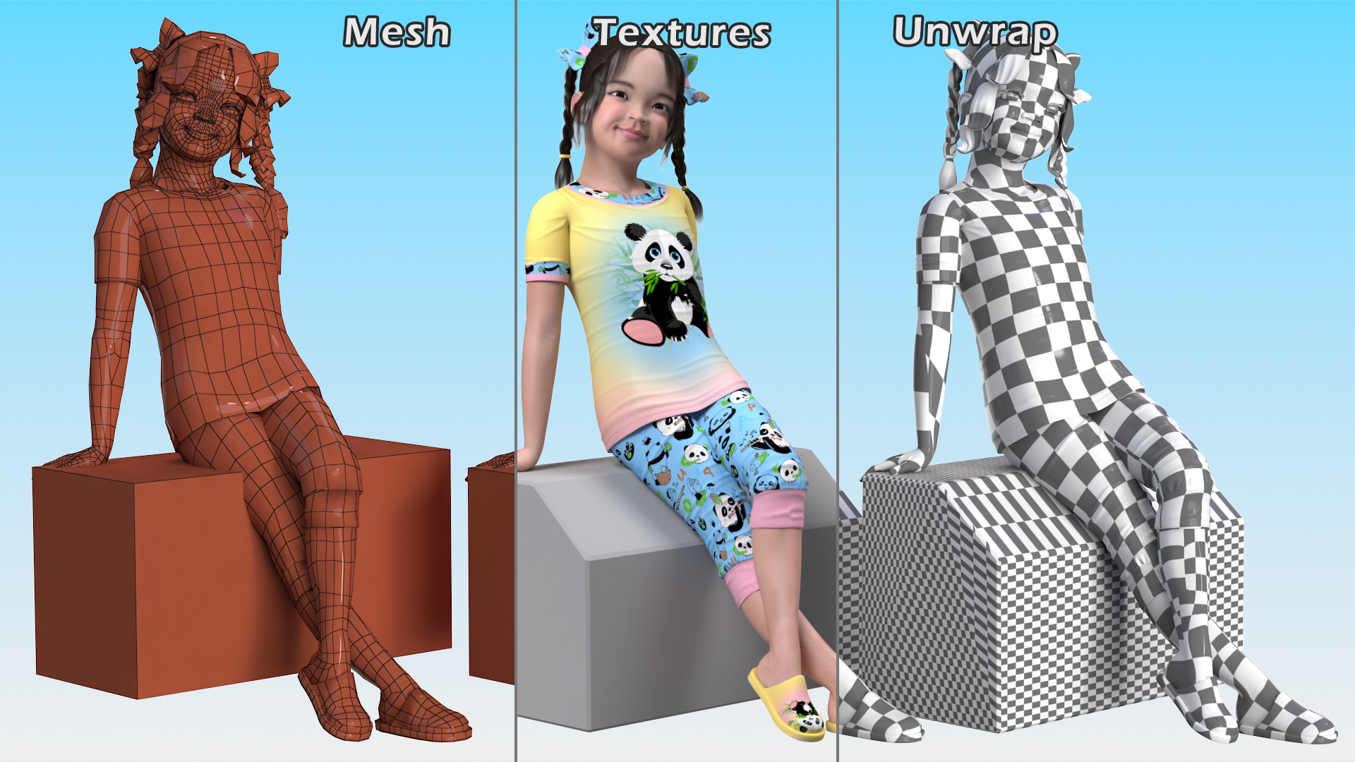 3D Chinese Little Girl a Panda Costume Sitting model