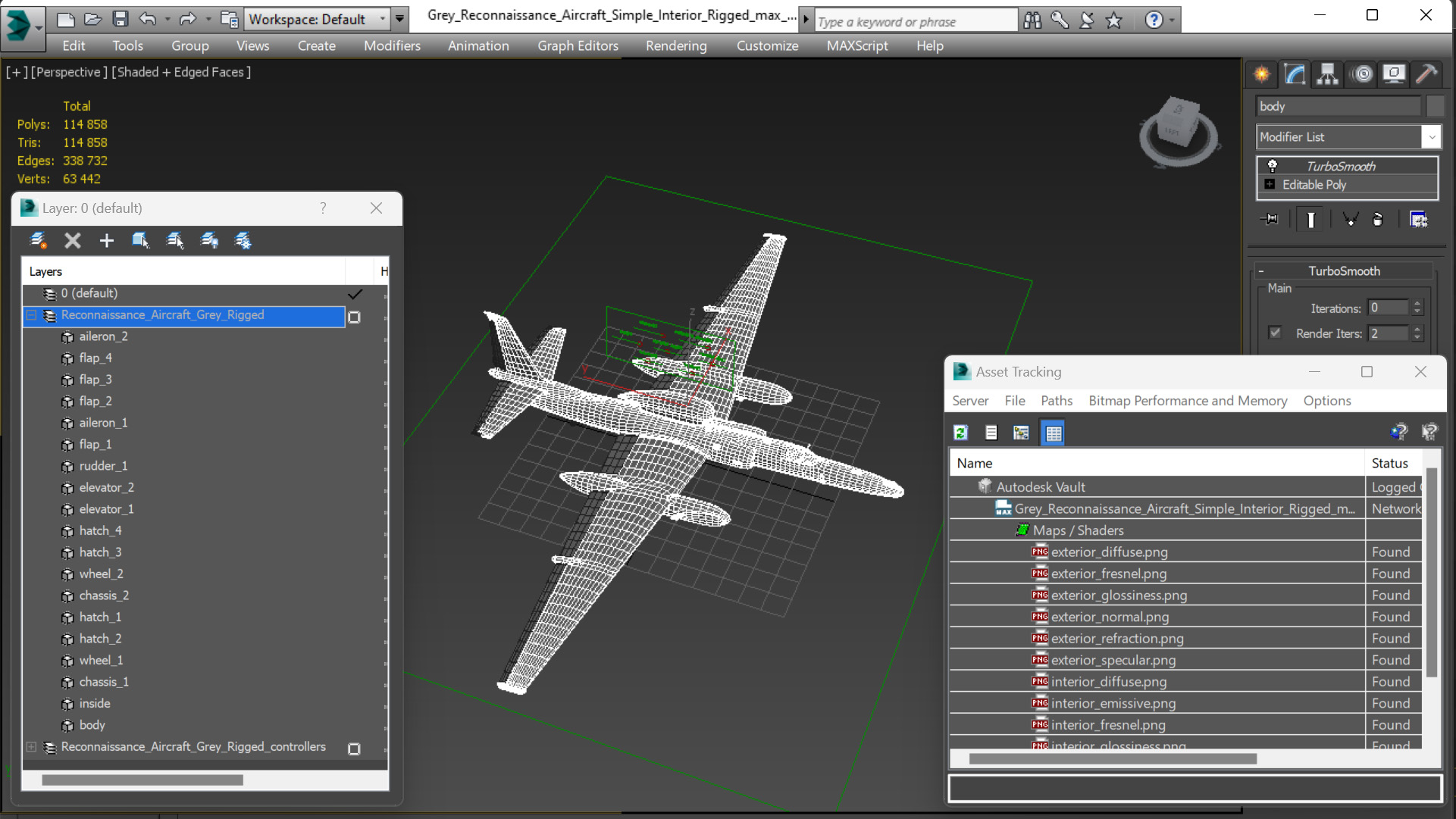 3D model Grey Reconnaissance Aircraft Simple Interior Rigged for Maya