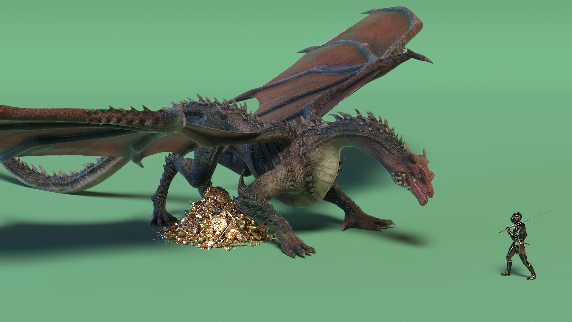 Dragon Guarding Treasures with Knight 3D