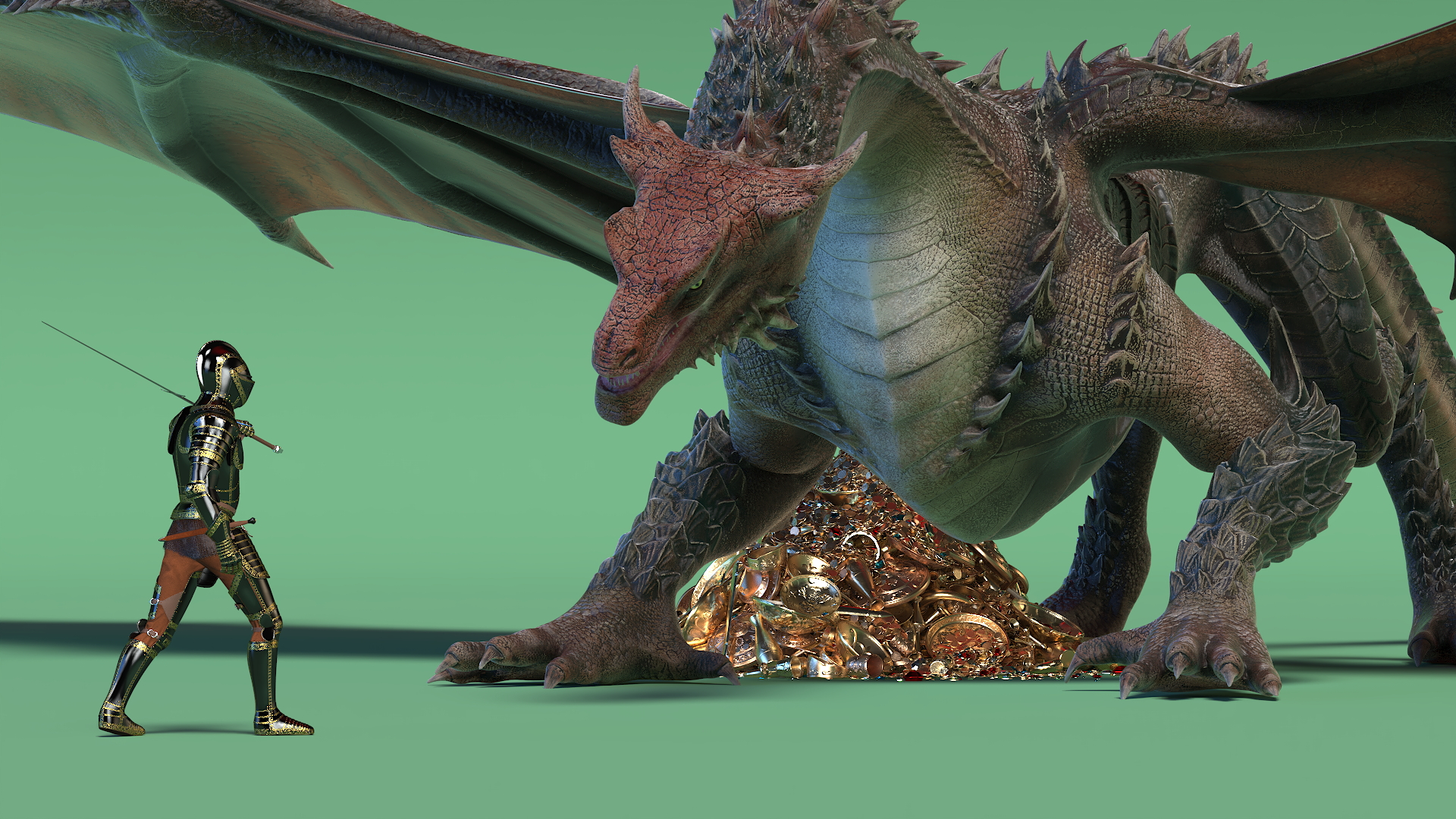 Dragon Guarding Treasures with Knight 3D