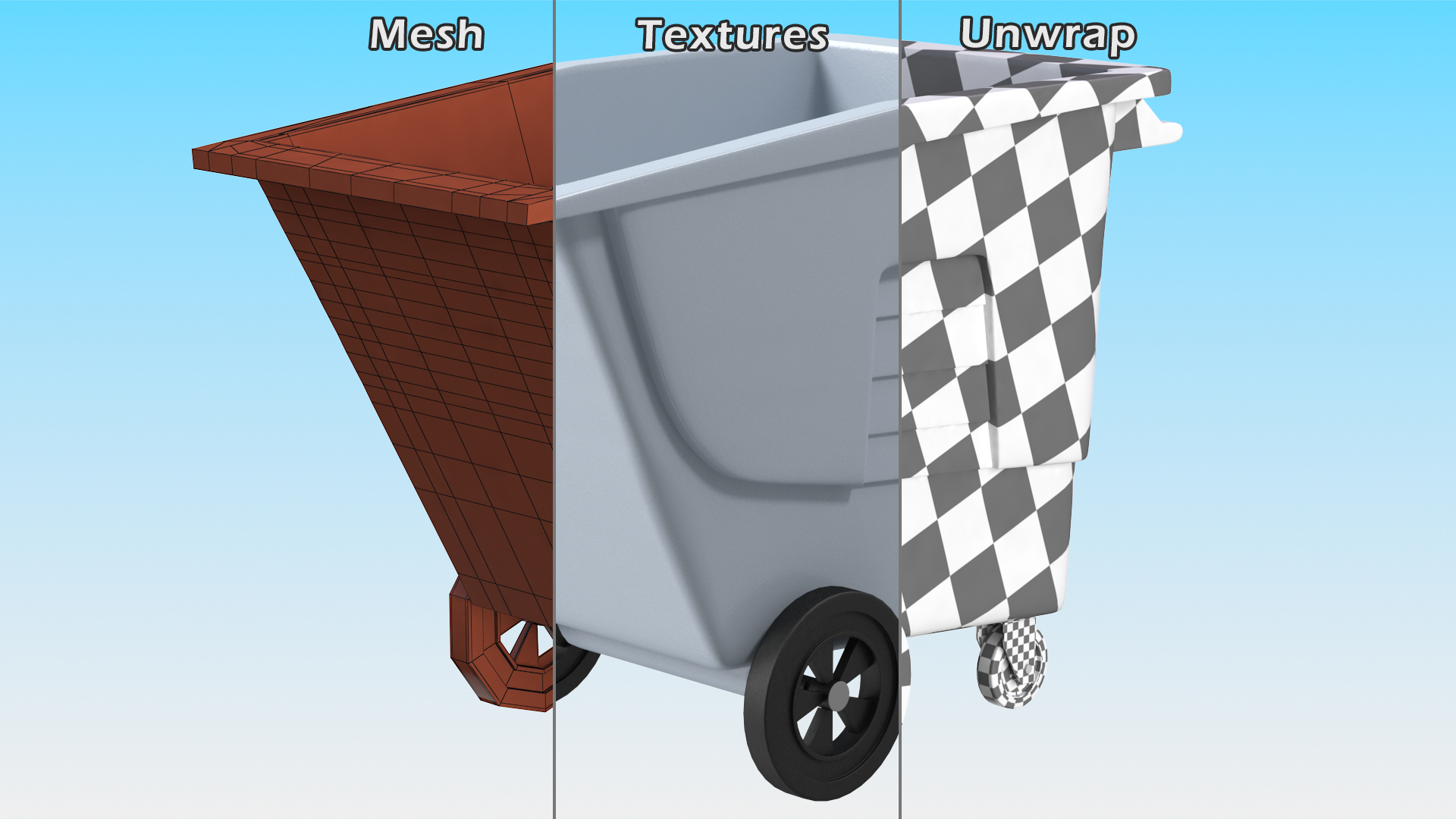 3D Grey Trash Can with Wheels