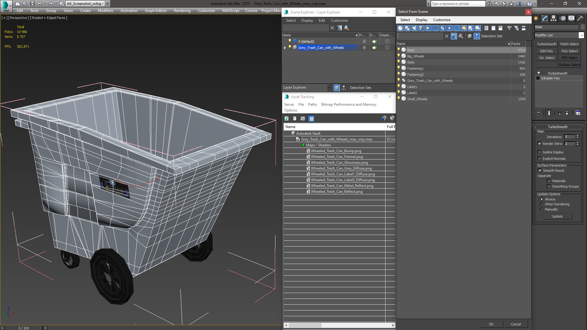 3D Grey Trash Can with Wheels