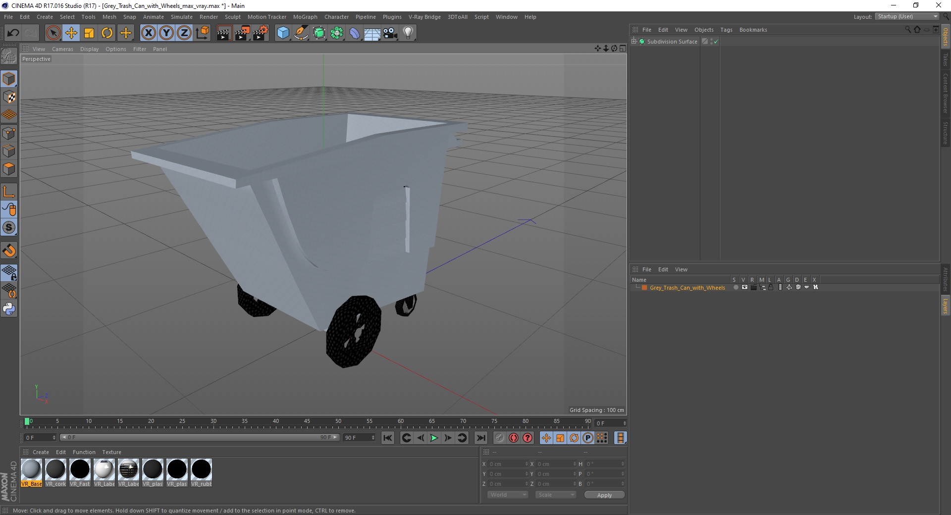 3D Grey Trash Can with Wheels