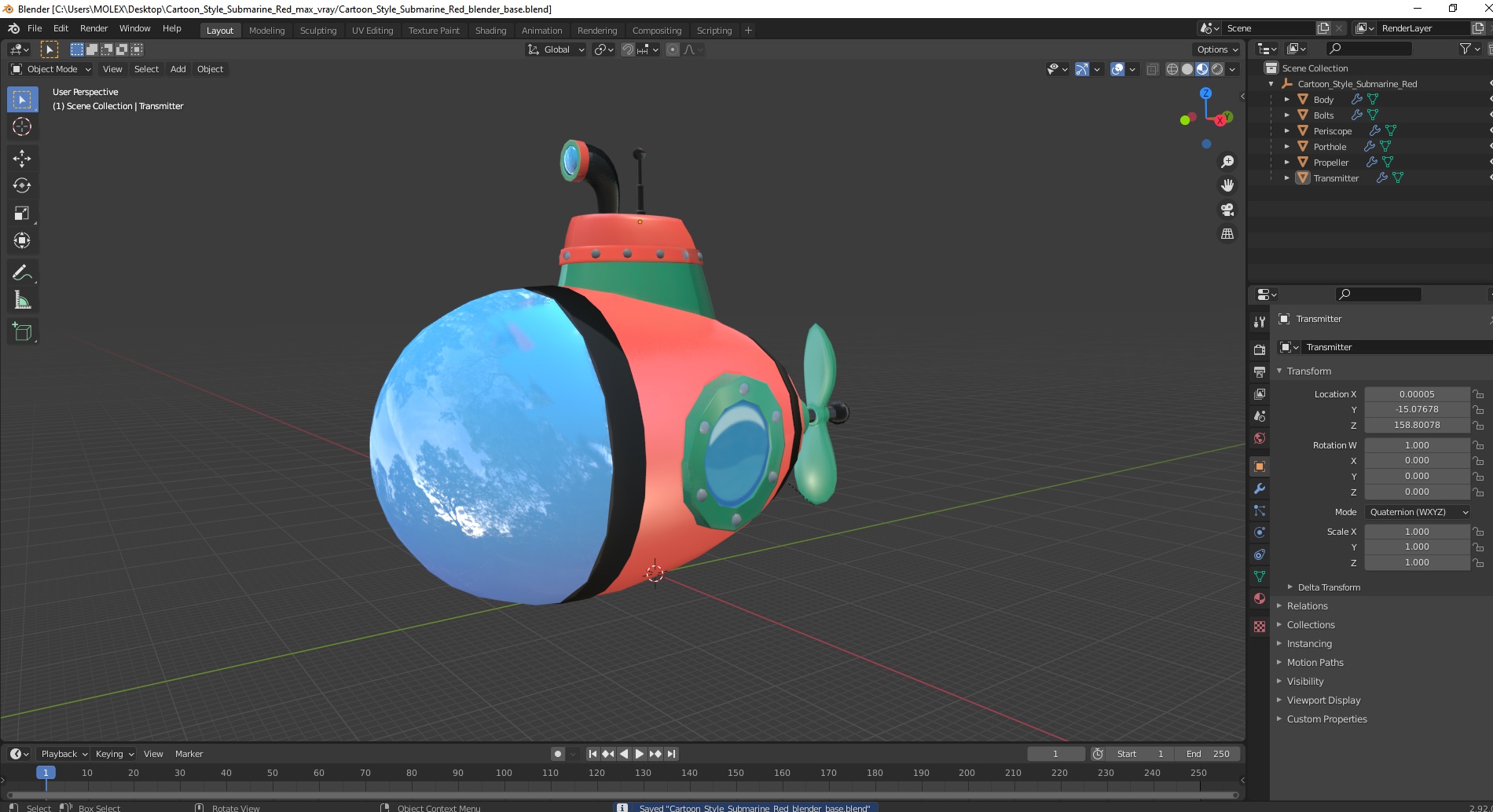Cartoon Style Submarine Red 3D