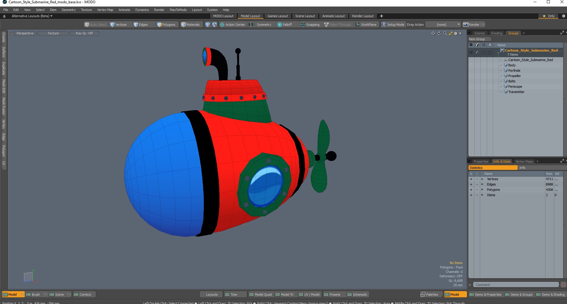Cartoon Style Submarine Red 3D