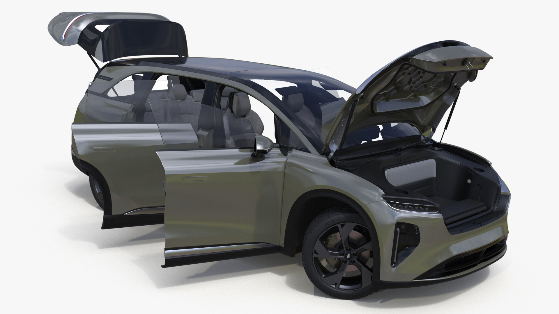 Lucid Gravity Olive Colored Electric SUV with Lights Off Rigged for Maya 3D