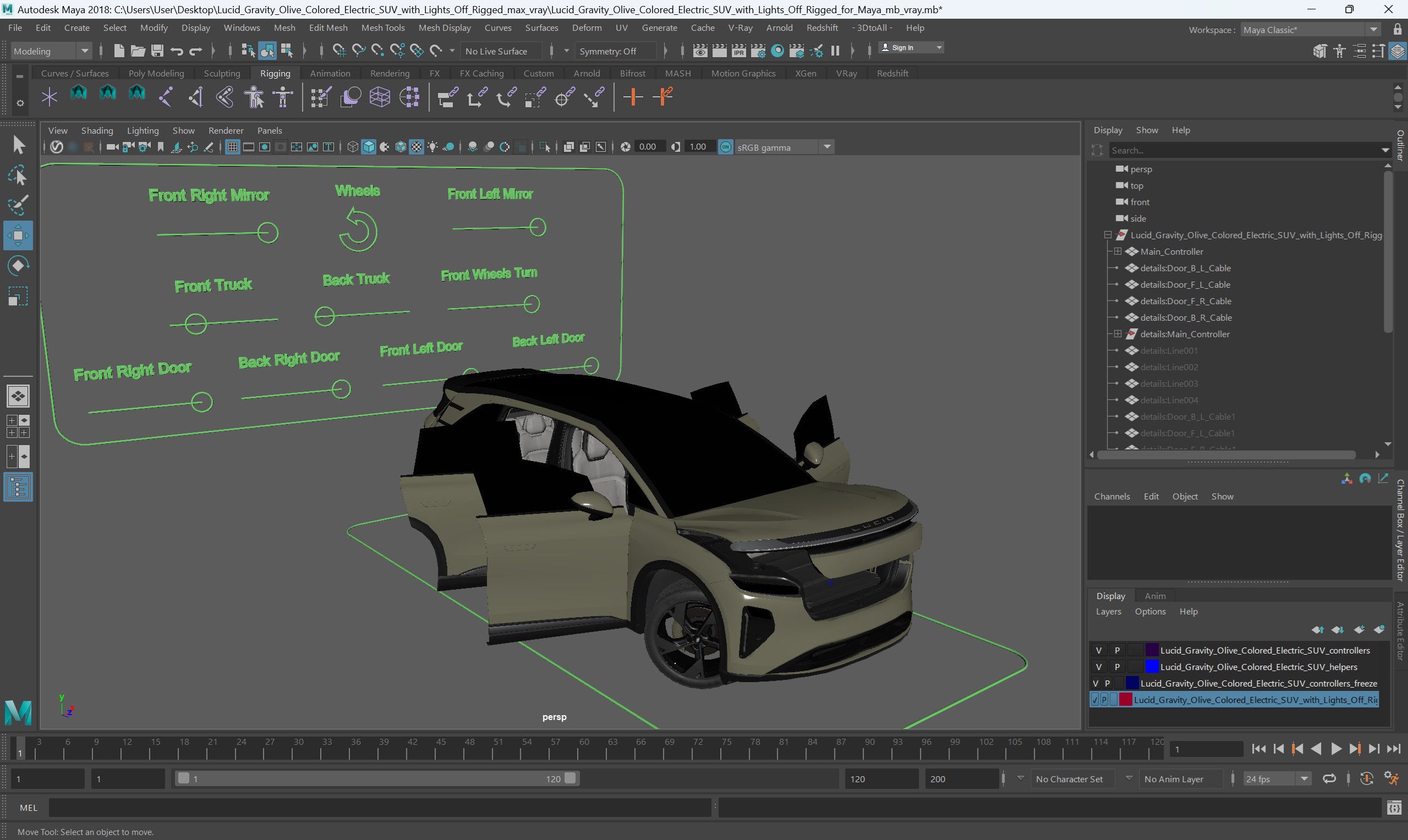 Lucid Gravity Olive Colored Electric SUV with Lights Off Rigged for Maya 3D