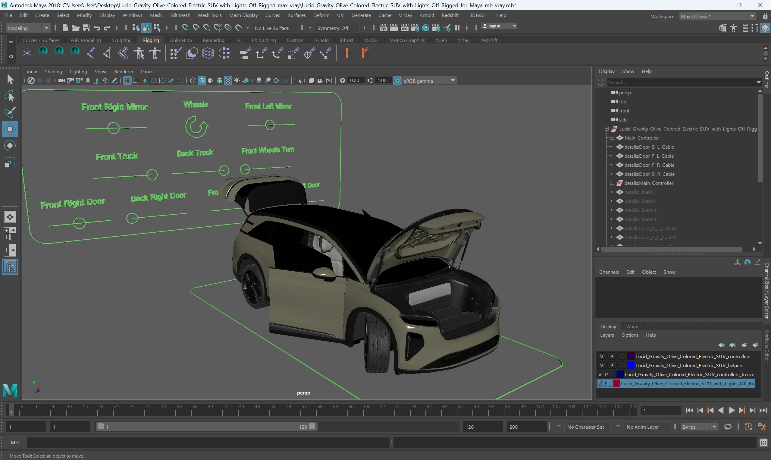 Lucid Gravity Olive Colored Electric SUV with Lights Off Rigged for Maya 3D