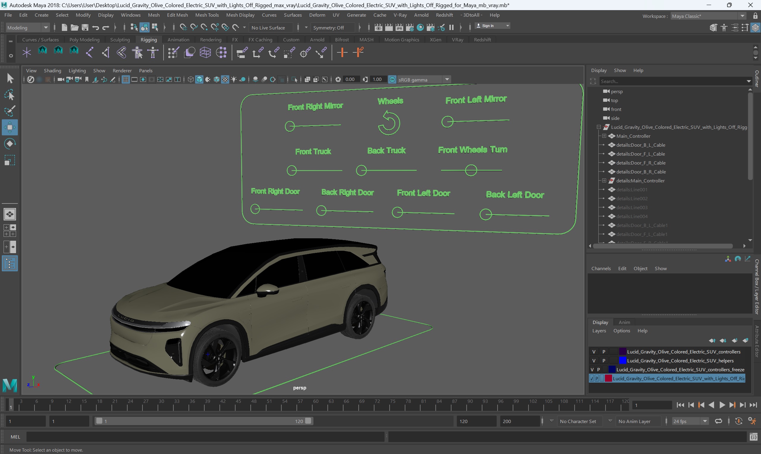 Lucid Gravity Olive Colored Electric SUV with Lights Off Rigged for Maya 3D