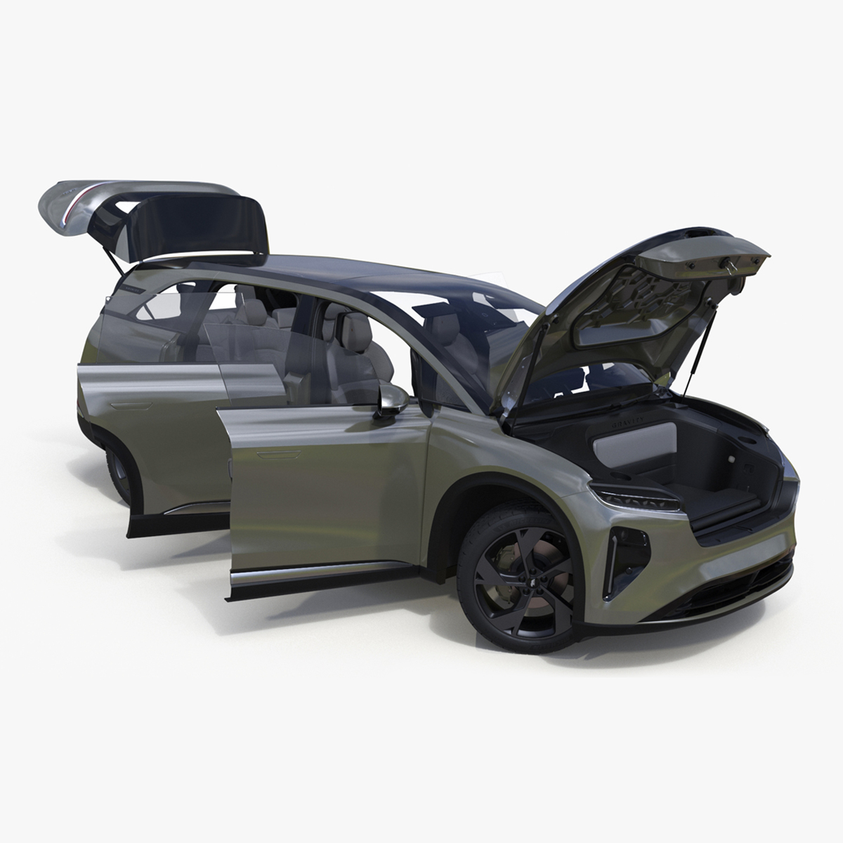 Lucid Gravity Olive Colored Electric SUV with Lights Off Rigged for Maya 3D