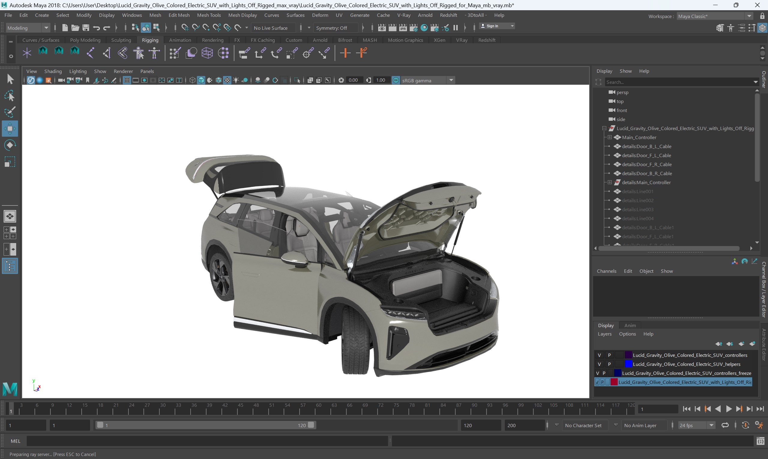 Lucid Gravity Olive Colored Electric SUV with Lights Off Rigged for Maya 3D