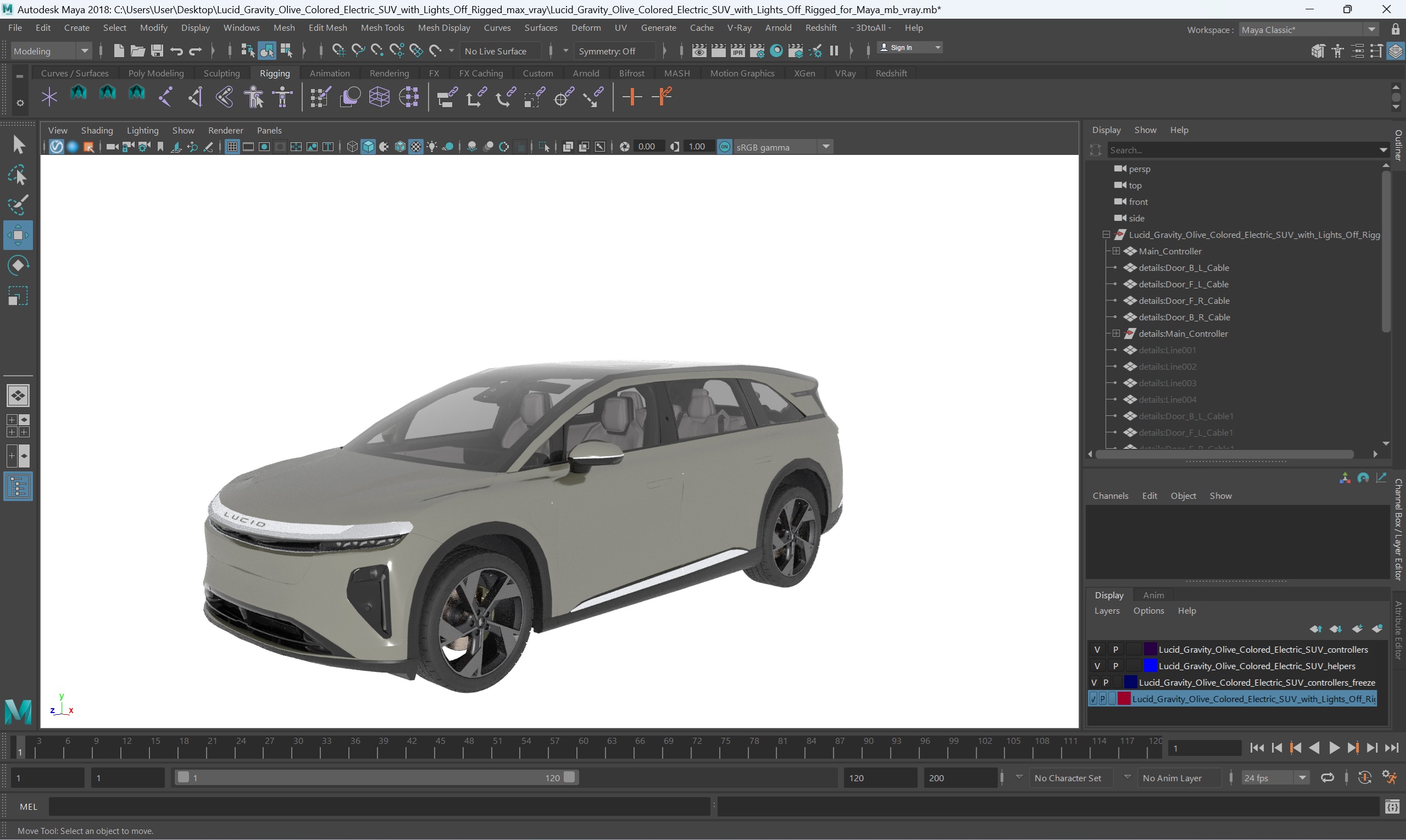 Lucid Gravity Olive Colored Electric SUV with Lights Off Rigged for Maya 3D