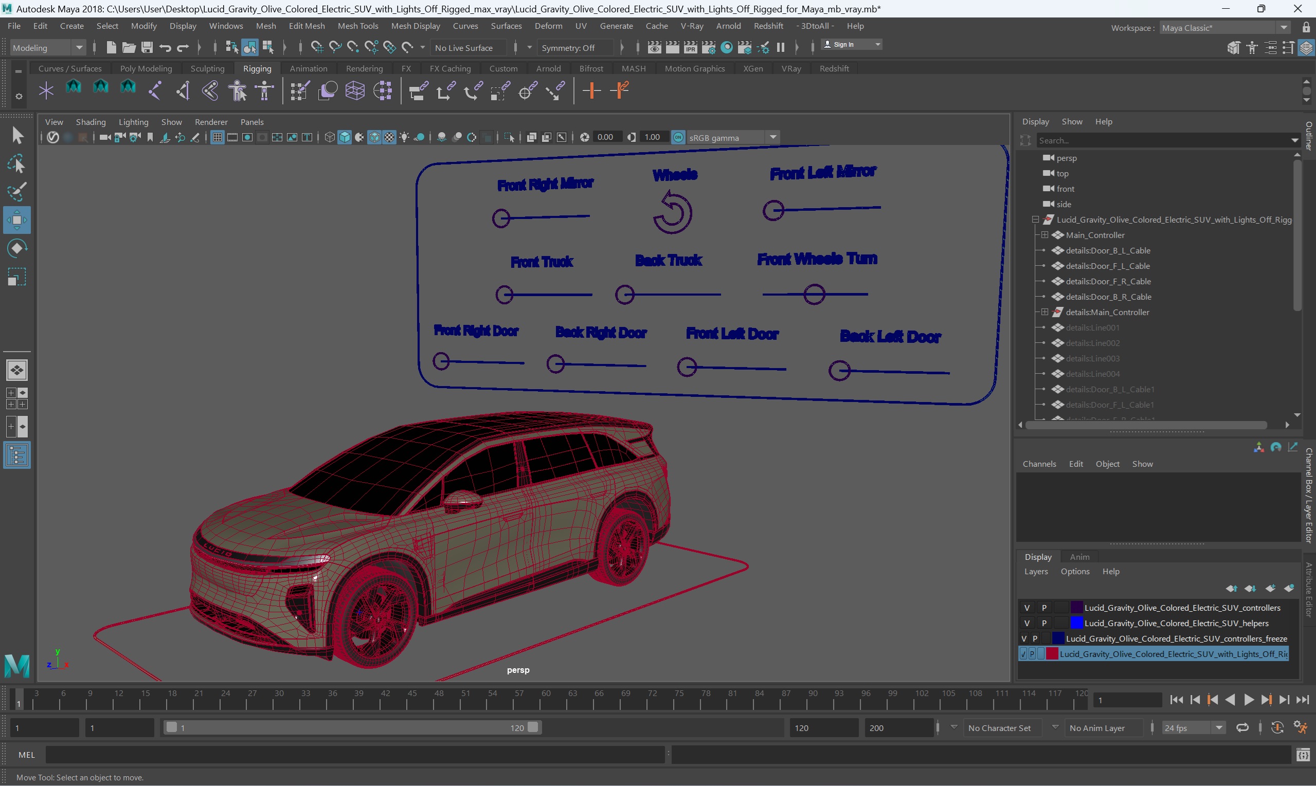Lucid Gravity Olive Colored Electric SUV with Lights Off Rigged for Maya 3D