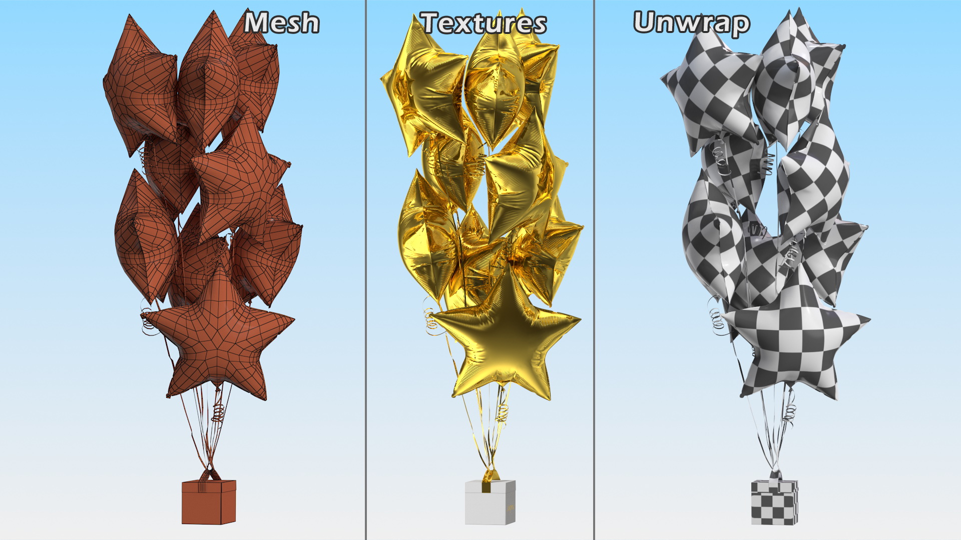 Star Shaped Gold Balloons Tied to Gift Box 3D