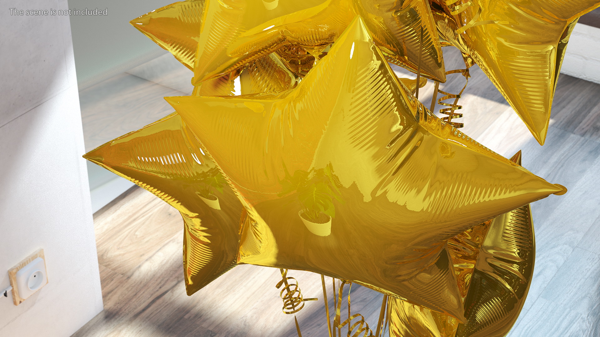 Star Shaped Gold Balloons Tied to Gift Box 3D