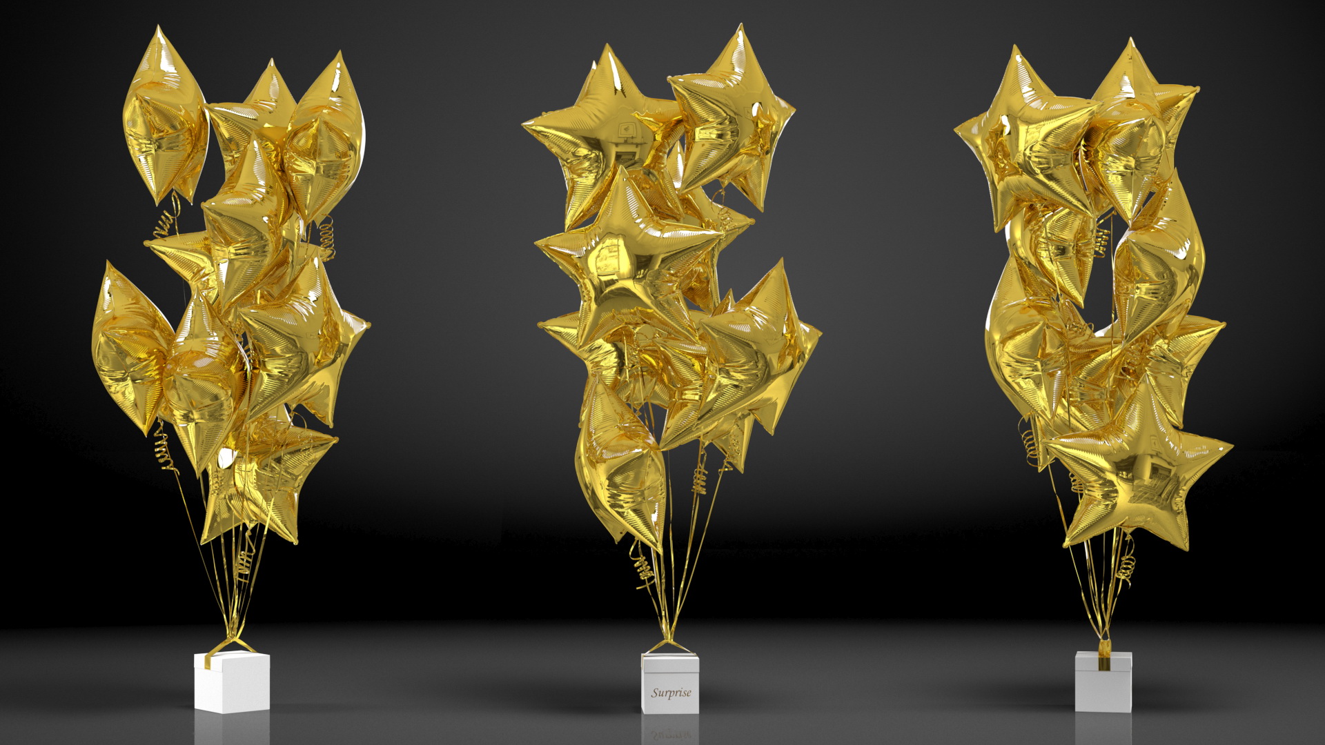 Star Shaped Gold Balloons Tied to Gift Box 3D