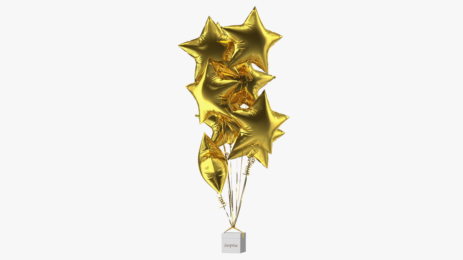 Star Shaped Gold Balloons Tied to Gift Box 3D