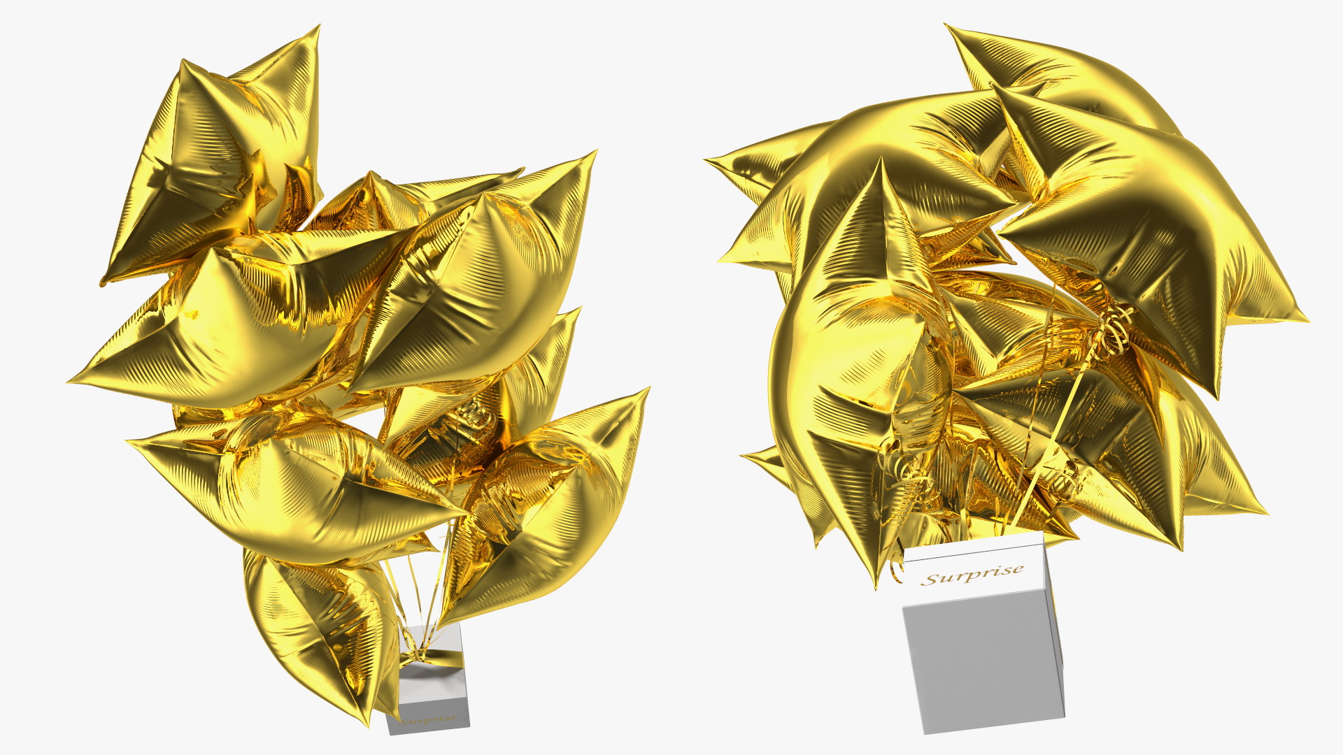 Star Shaped Gold Balloons Tied to Gift Box 3D