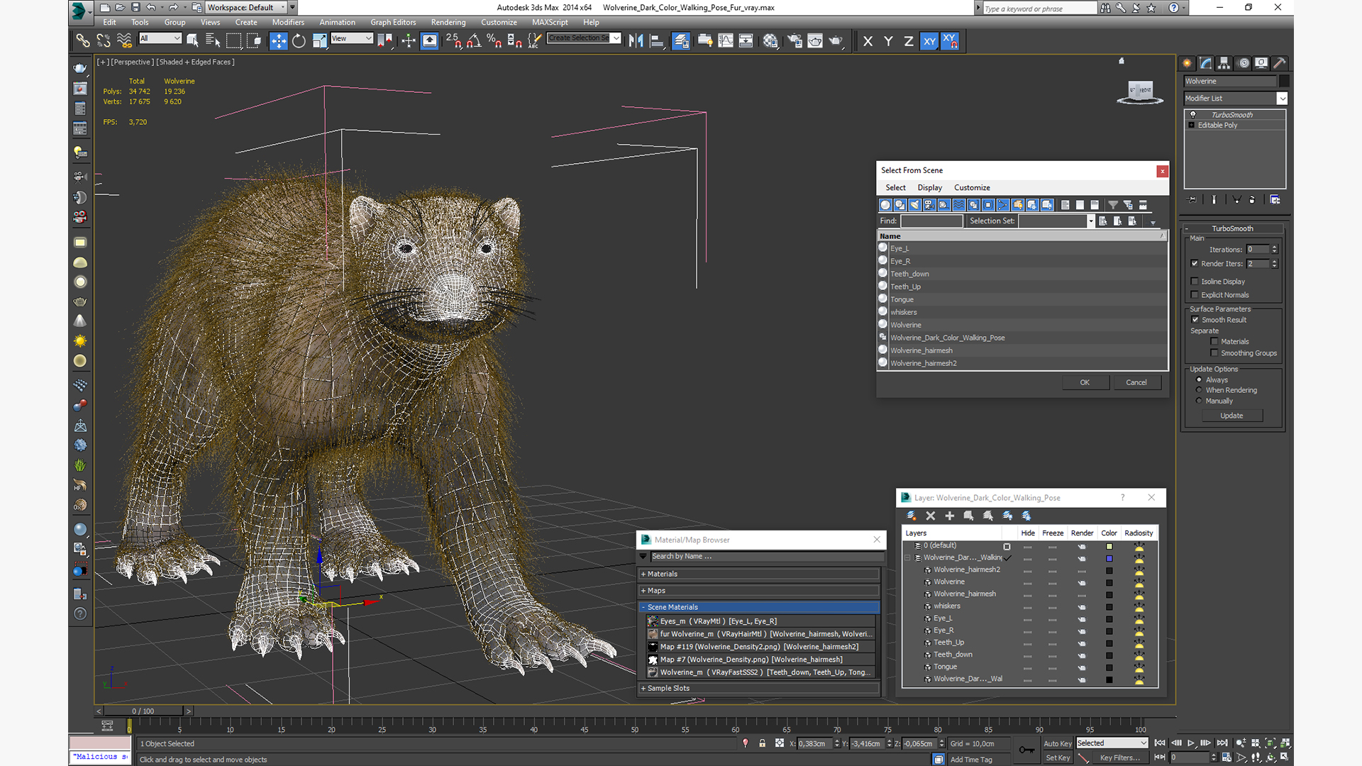 Wolverine Dark Color Walking Pose Fur 3D