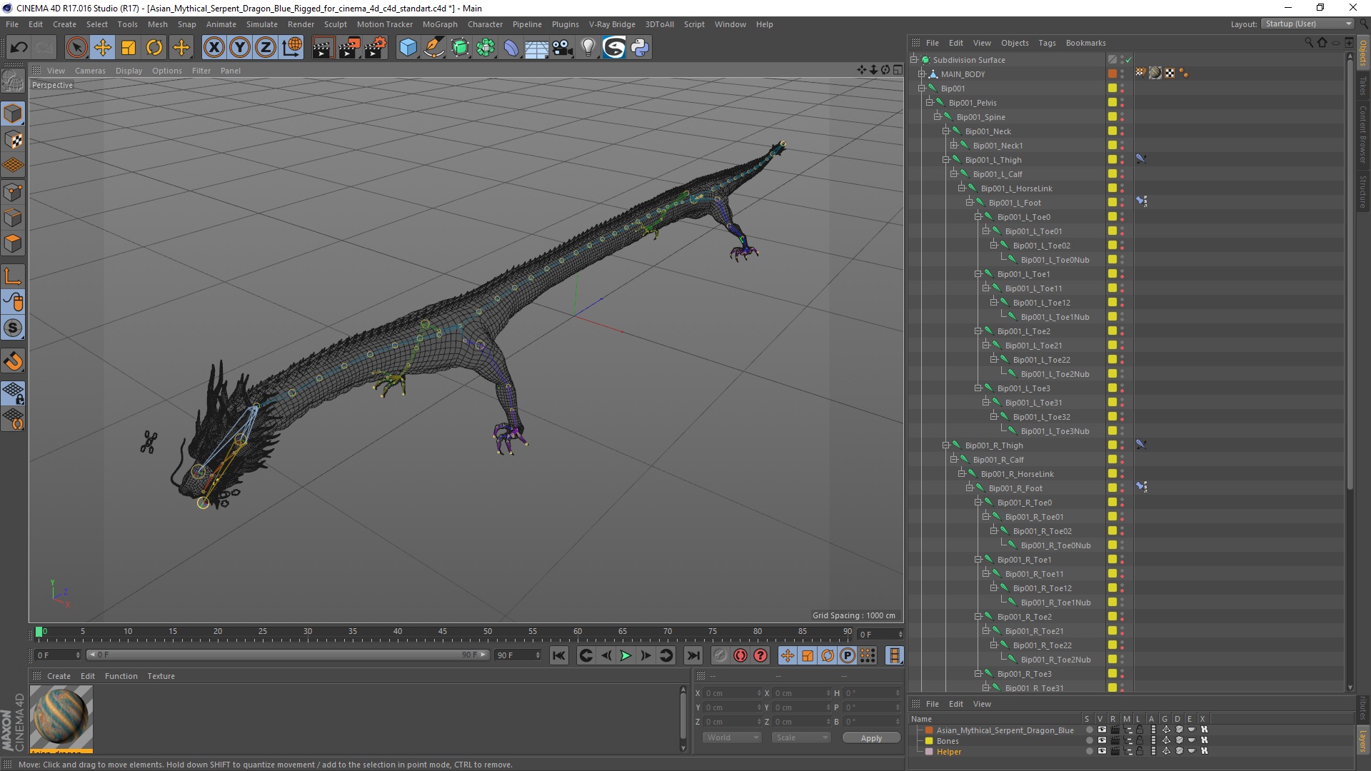3D model Asian Mythical Serpent Dragon Blue Rigged for Cinema 4D