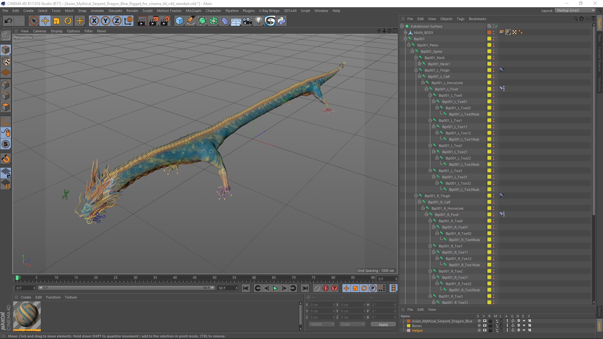 3D model Asian Mythical Serpent Dragon Blue Rigged for Cinema 4D