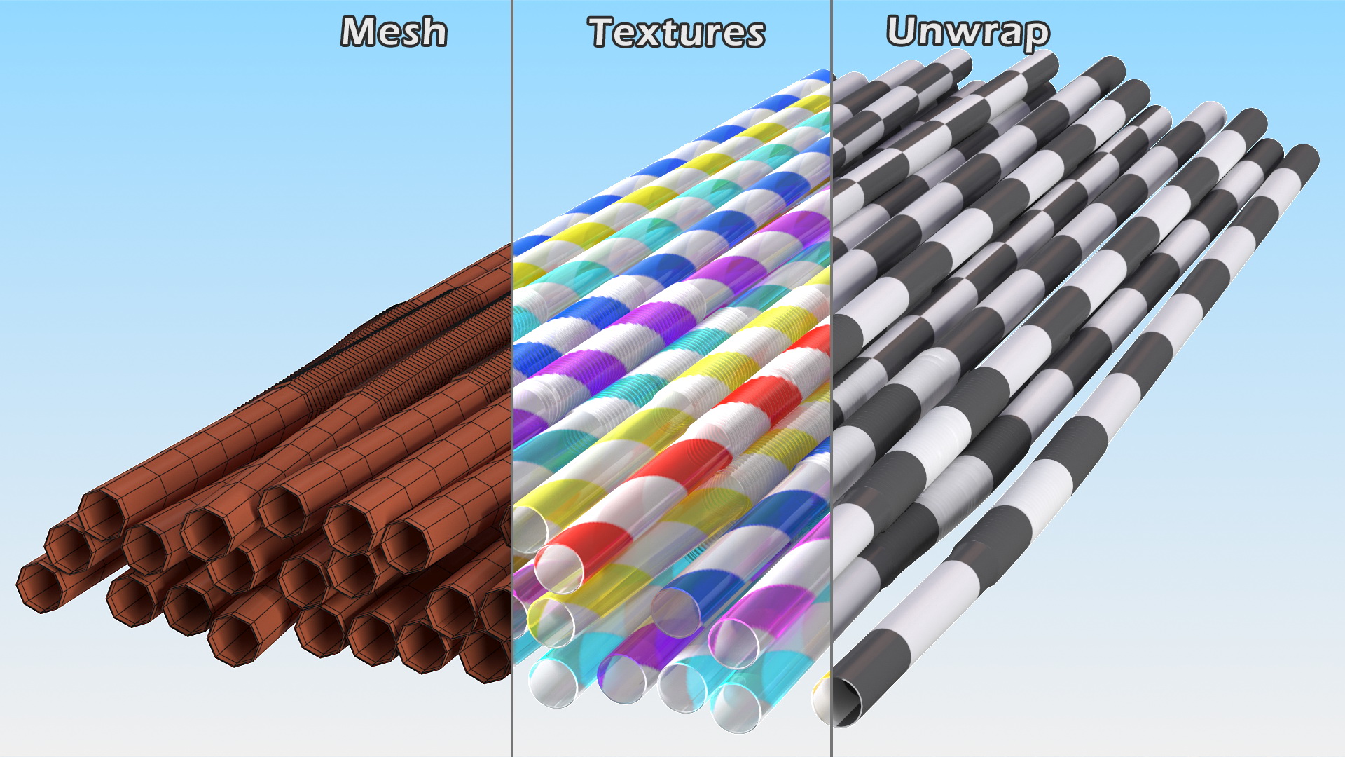 Pile of Multi Colored Drinking Straws Diagonal Stripes 3D model