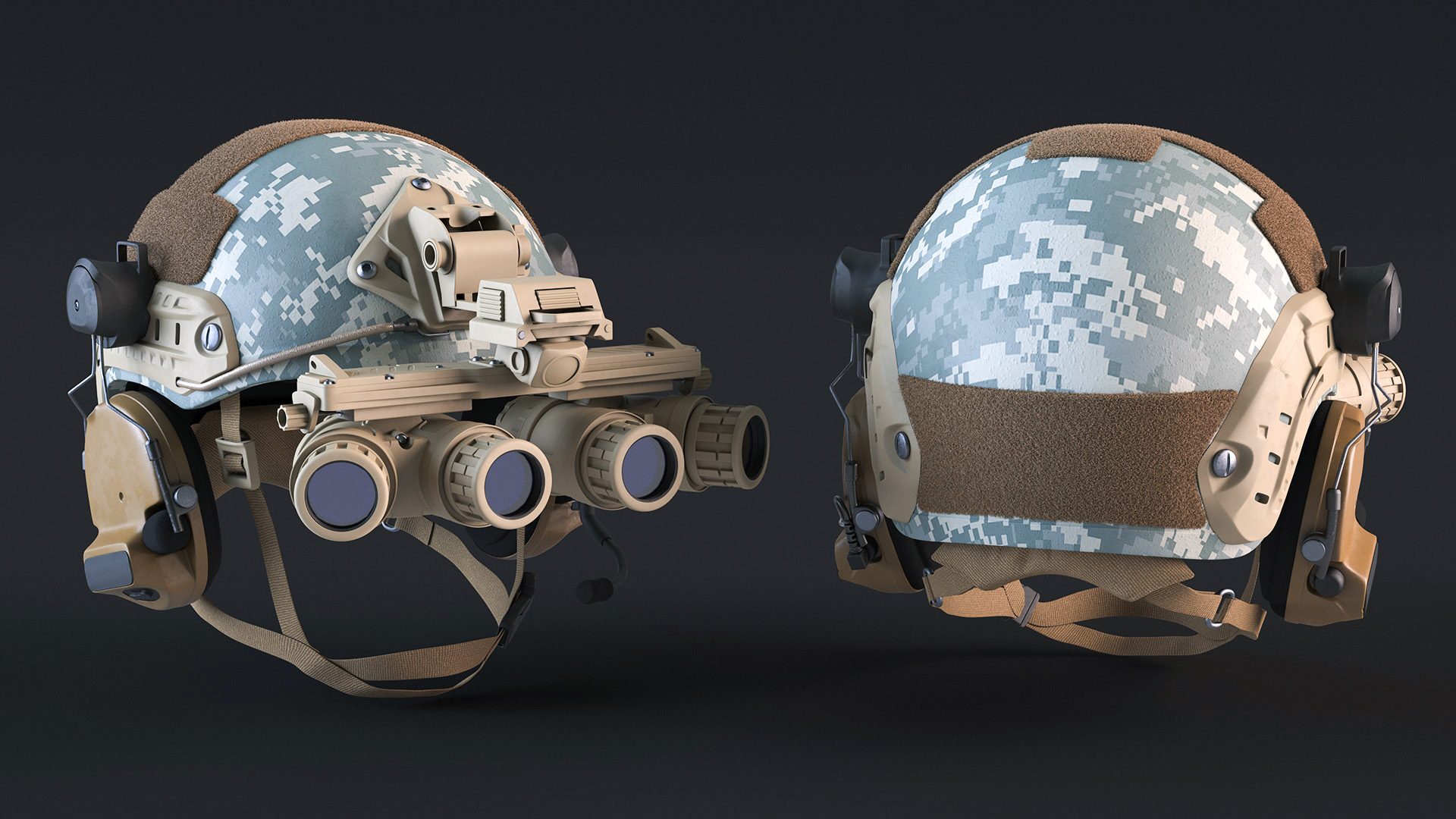 3D Helmet with Night Vision Goggles Grey Camo Fur