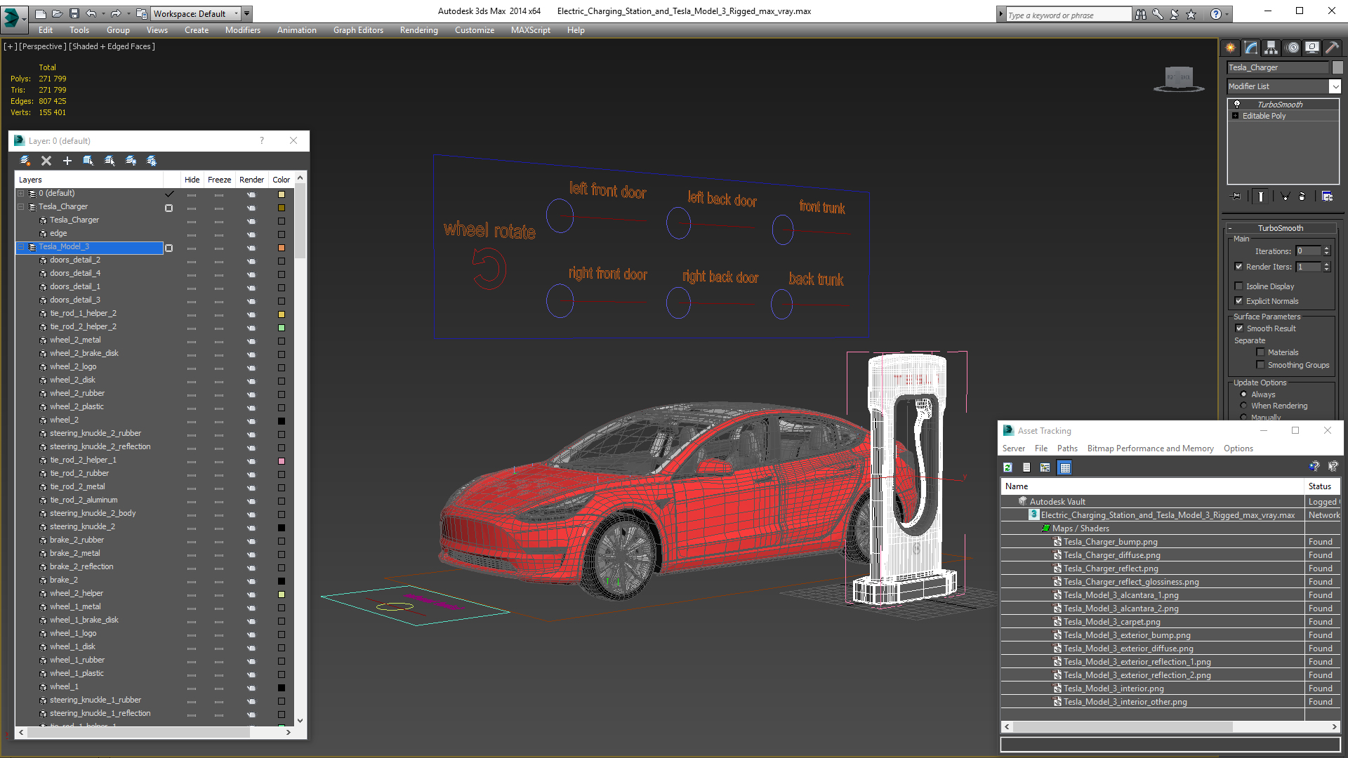 3D model Electric Charging Station and Tesla Model 3 Rigged