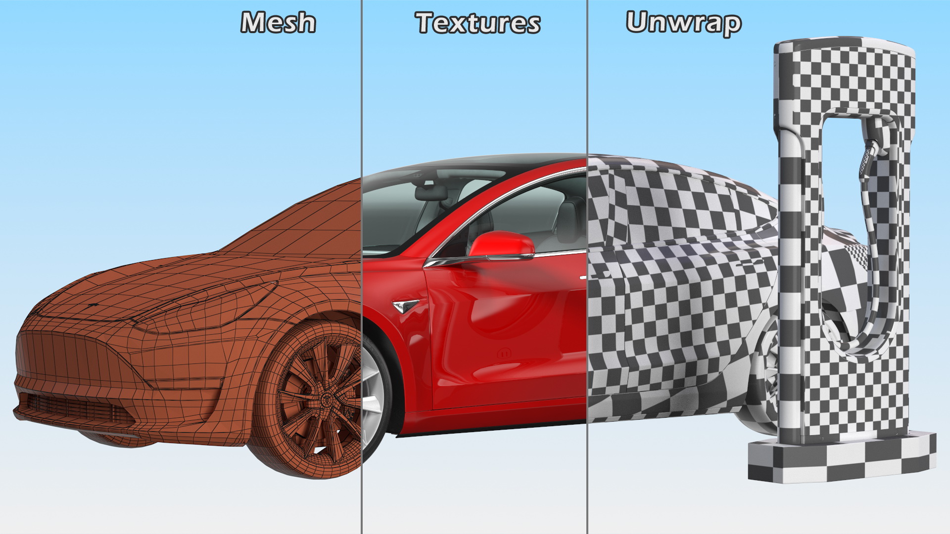 3D model Electric Charging Station and Tesla Model 3 Rigged