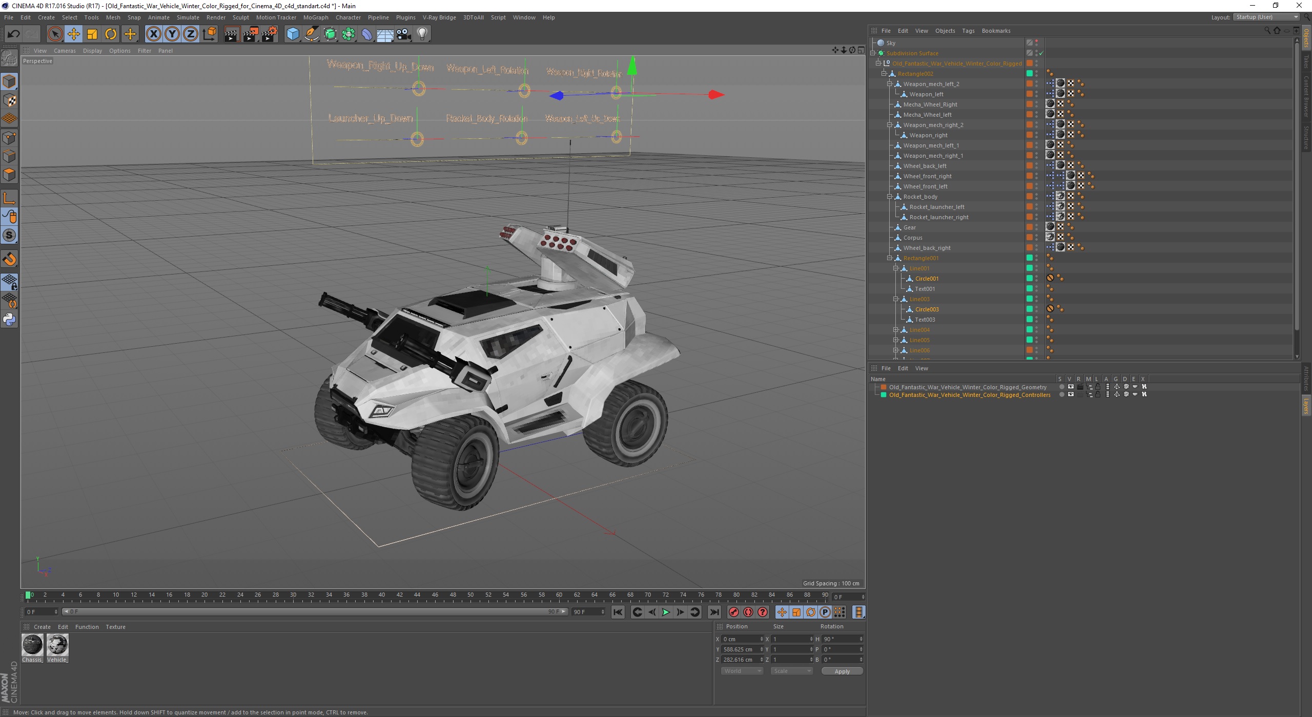 Old Fantastic War Vehicle Winter Color Rigged for Cinema 4D 3D model