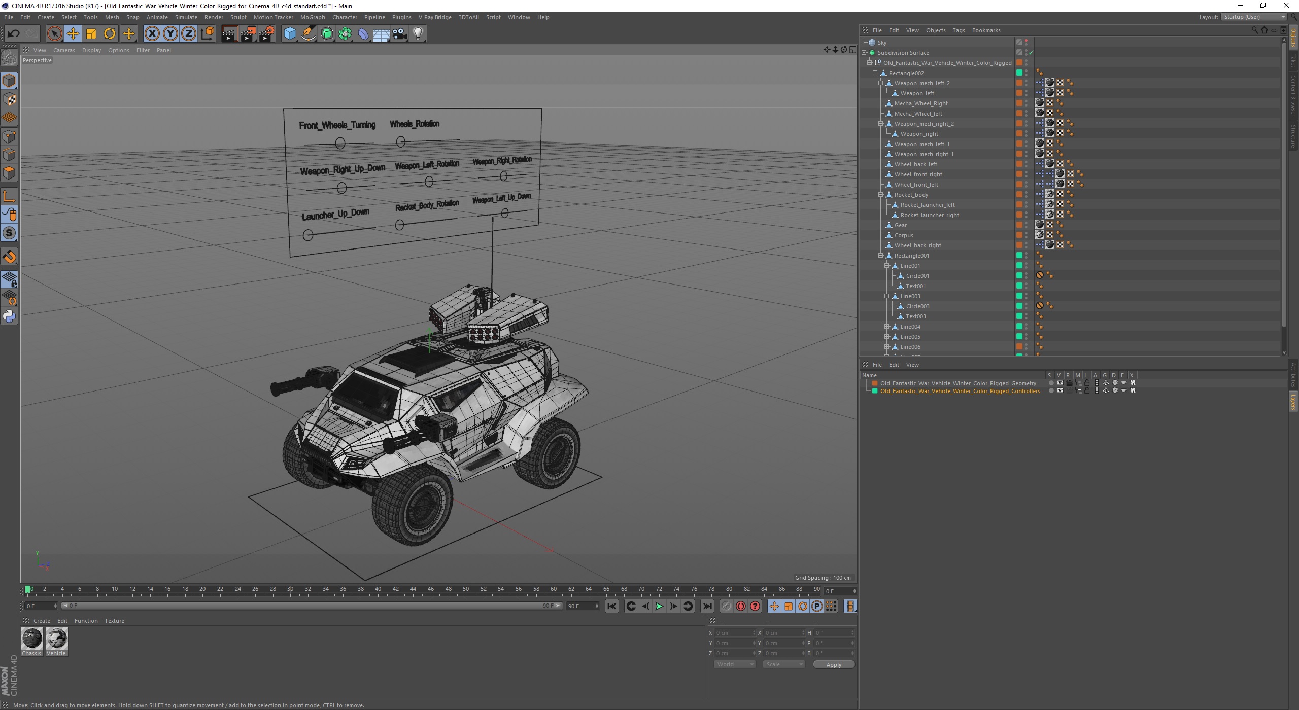 Old Fantastic War Vehicle Winter Color Rigged for Cinema 4D 3D model