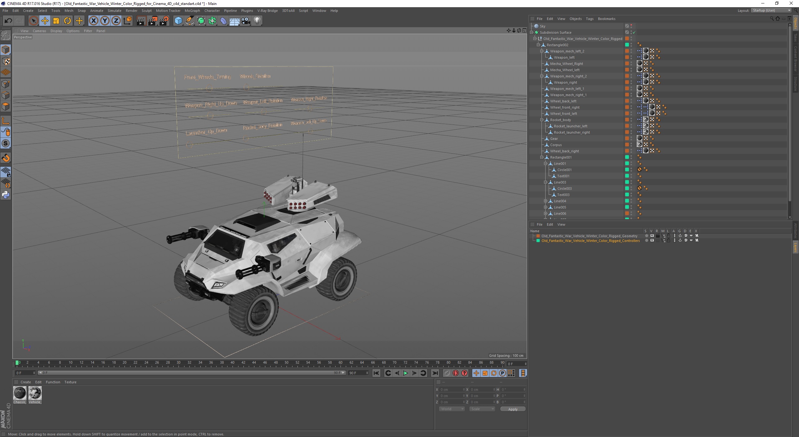 Old Fantastic War Vehicle Winter Color Rigged for Cinema 4D 3D model