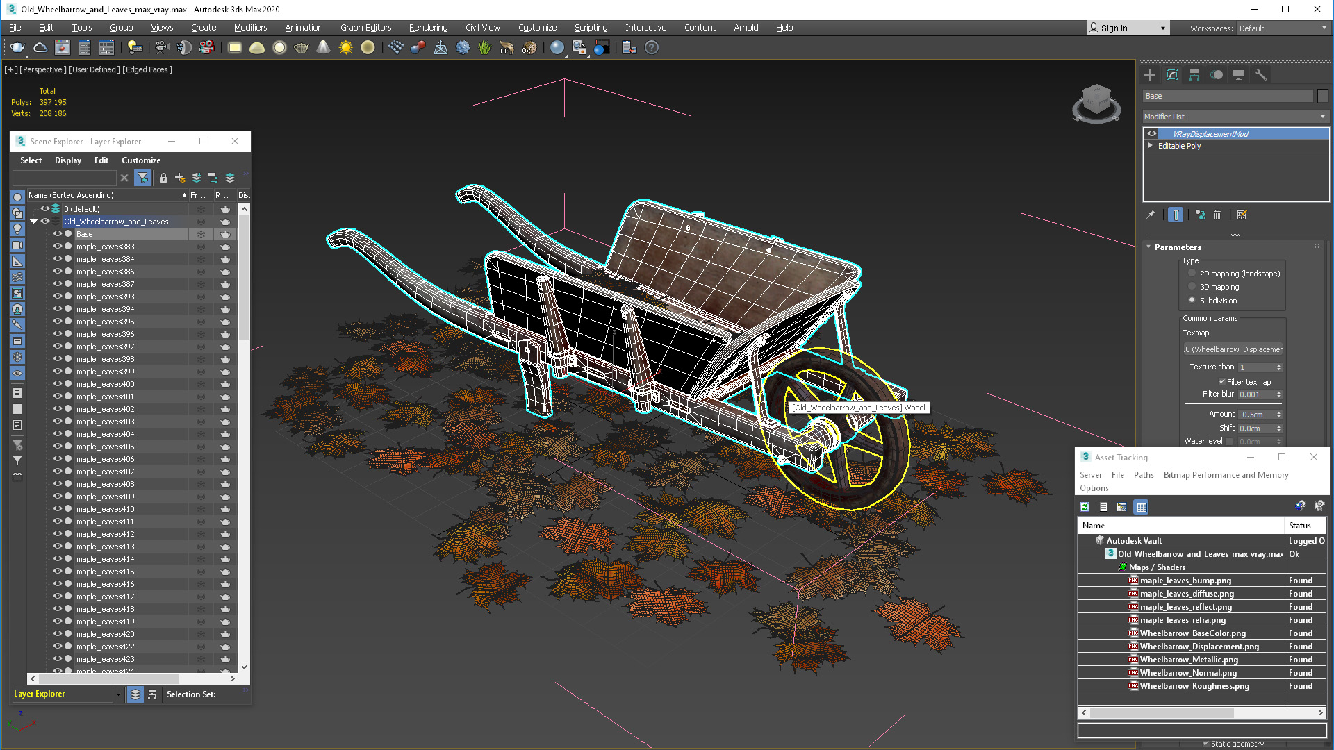 3D Old Wheelbarrow and Leaves