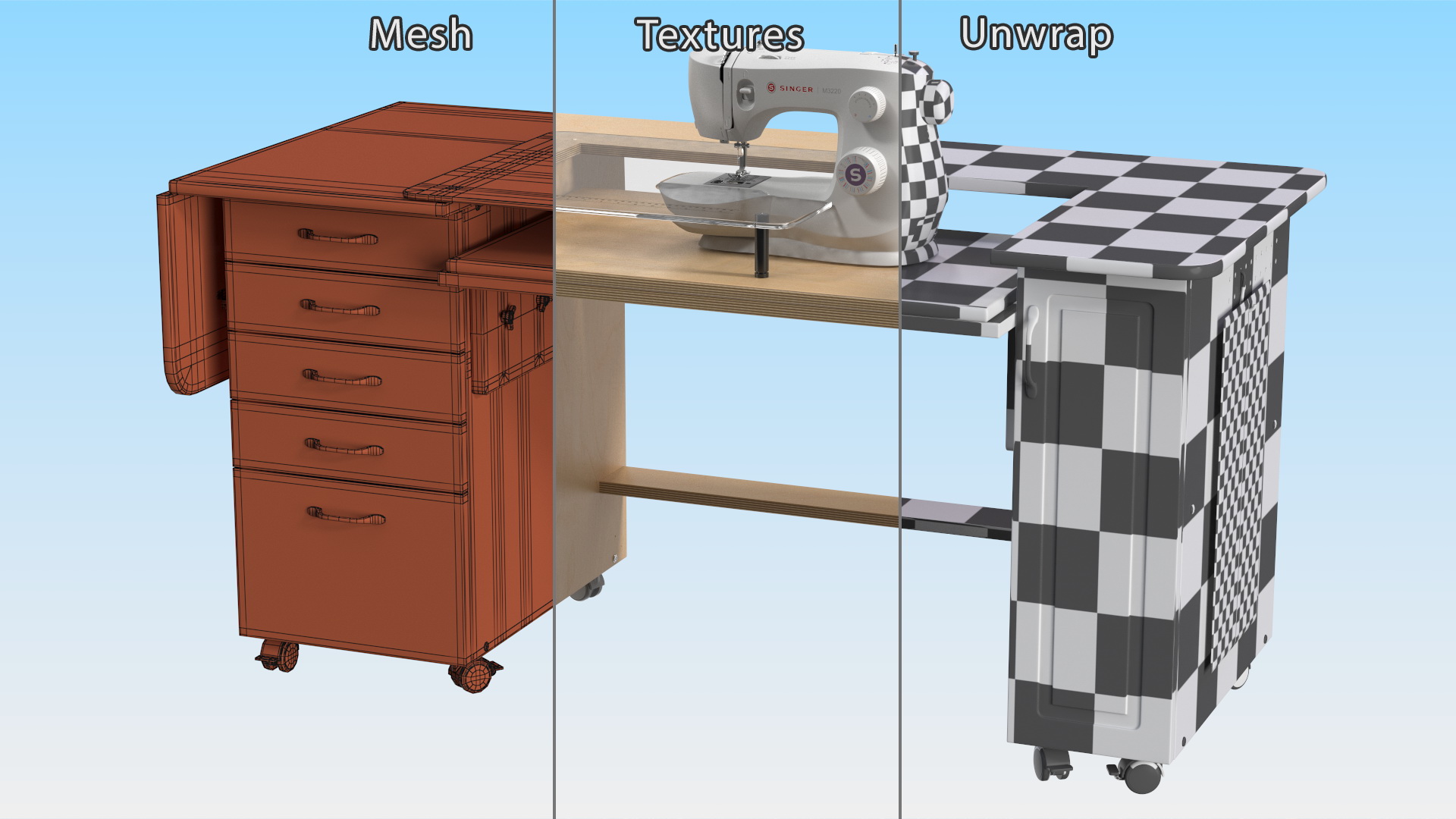 Sewing Machine Singer with Horn Table Cabinet Rigged 3D