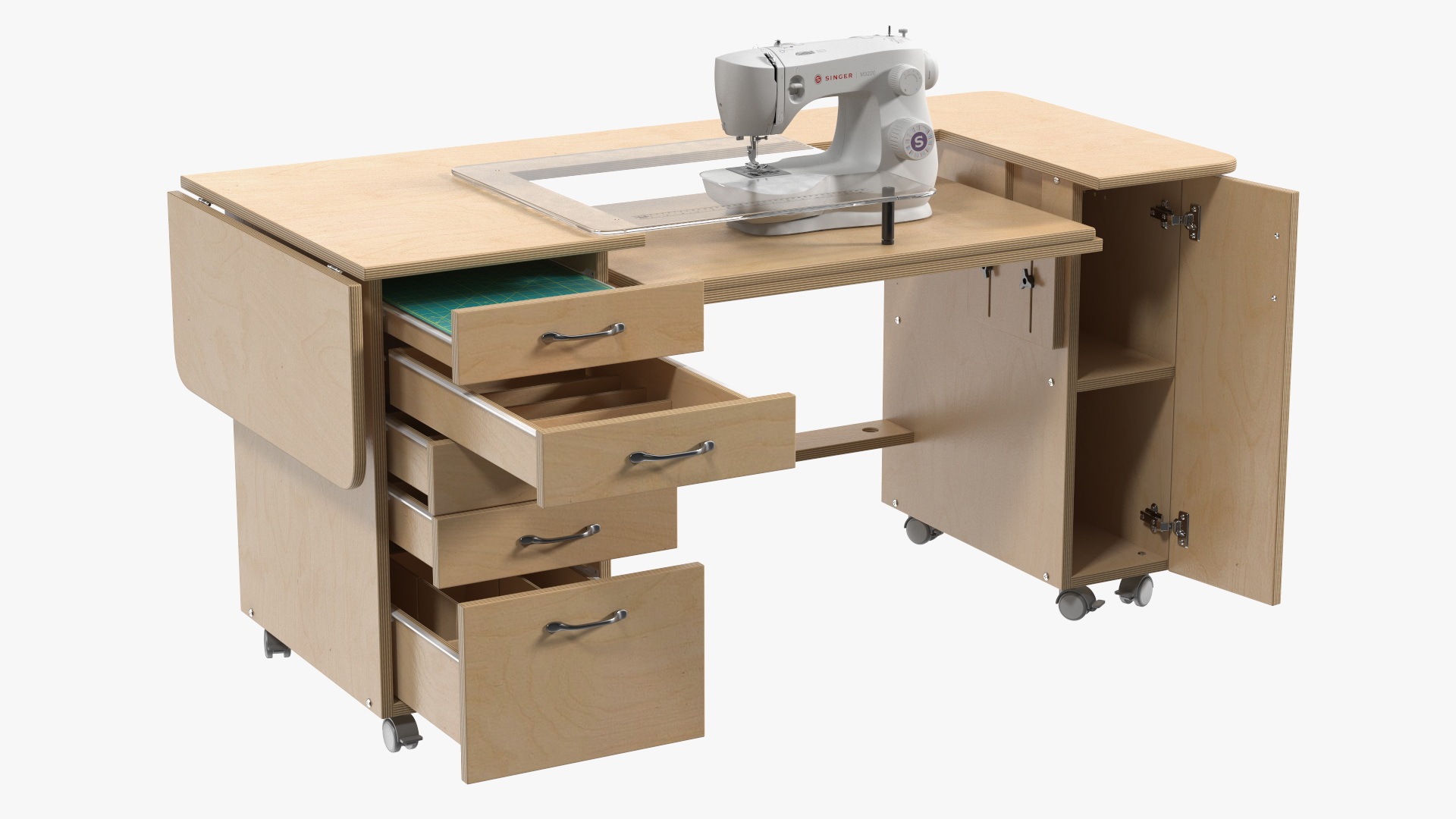 Sewing Machine Singer with Horn Table Cabinet Rigged 3D
