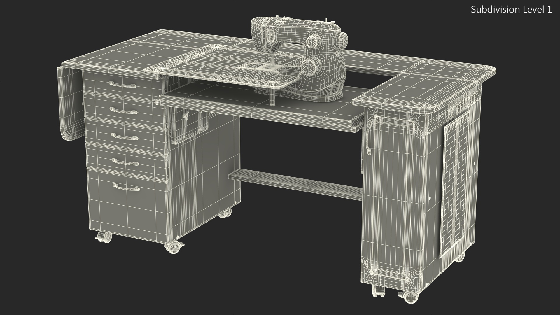 Sewing Machine Singer with Horn Table Cabinet Rigged 3D