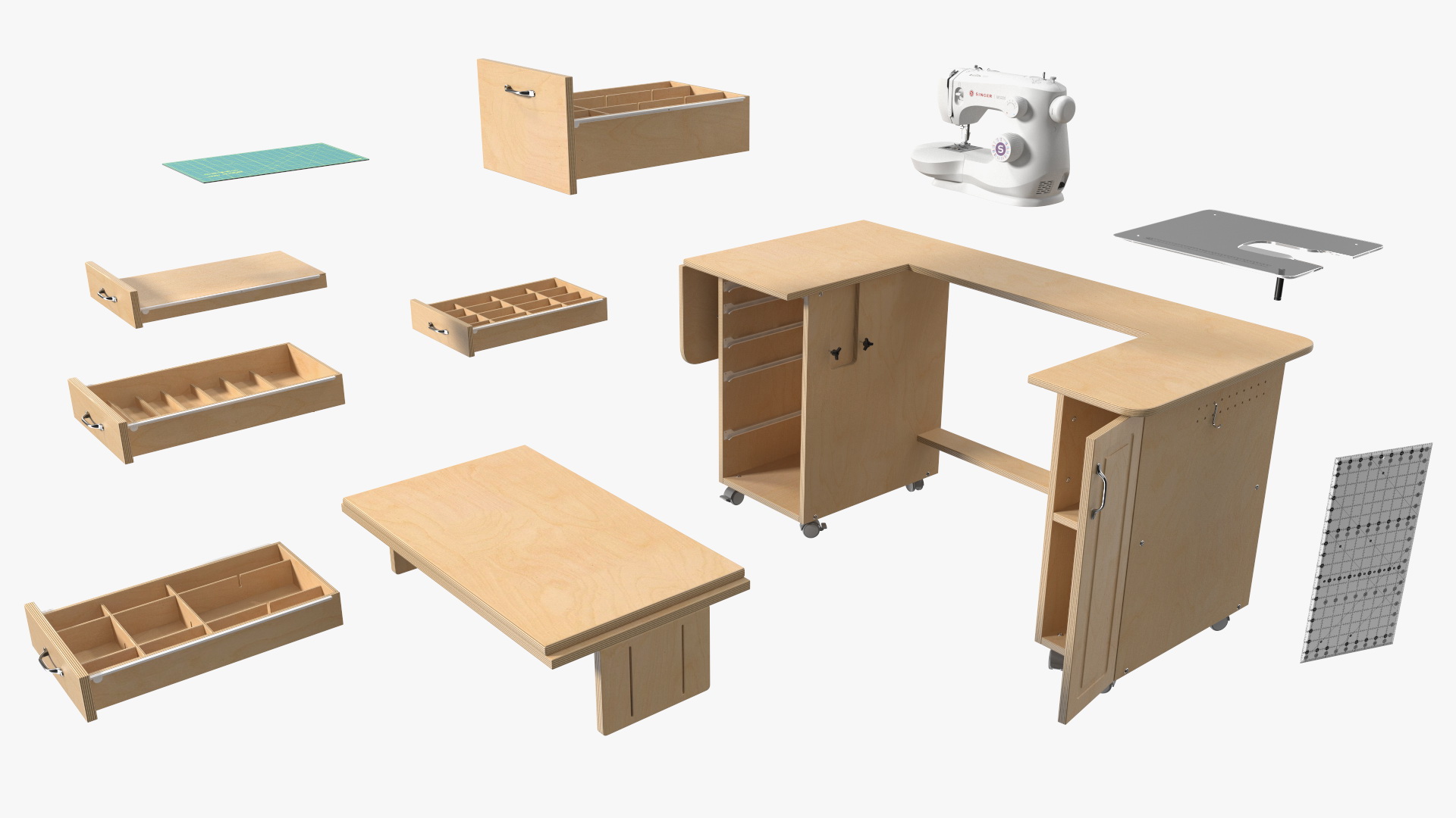 Sewing Machine Singer with Horn Table Cabinet Rigged 3D