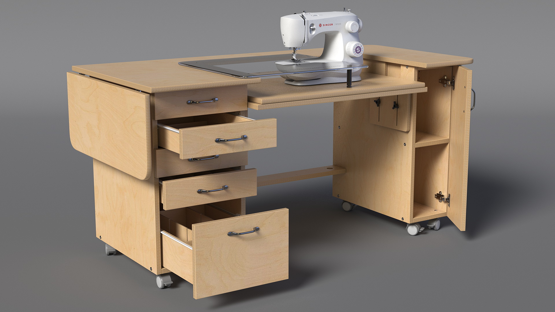 Sewing Machine Singer with Horn Table Cabinet Rigged 3D