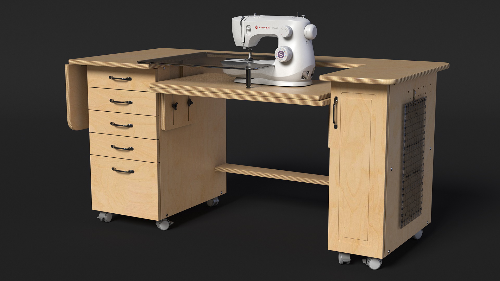 Sewing Machine Singer with Horn Table Cabinet Rigged 3D