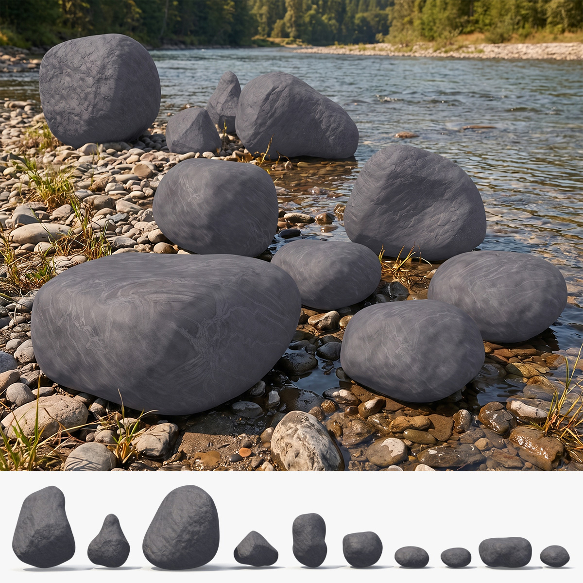 Natural River Rock Set 3D model preview