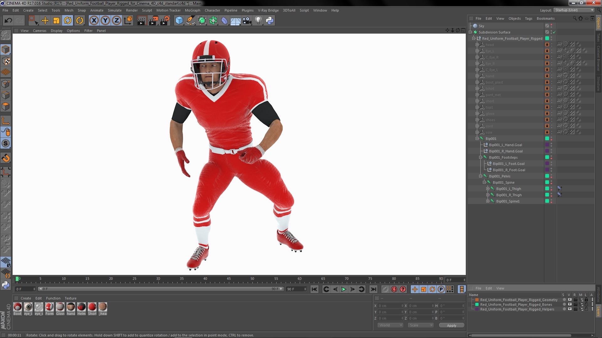 3D Red Uniform Football Player Rigged for Cinema 4D model