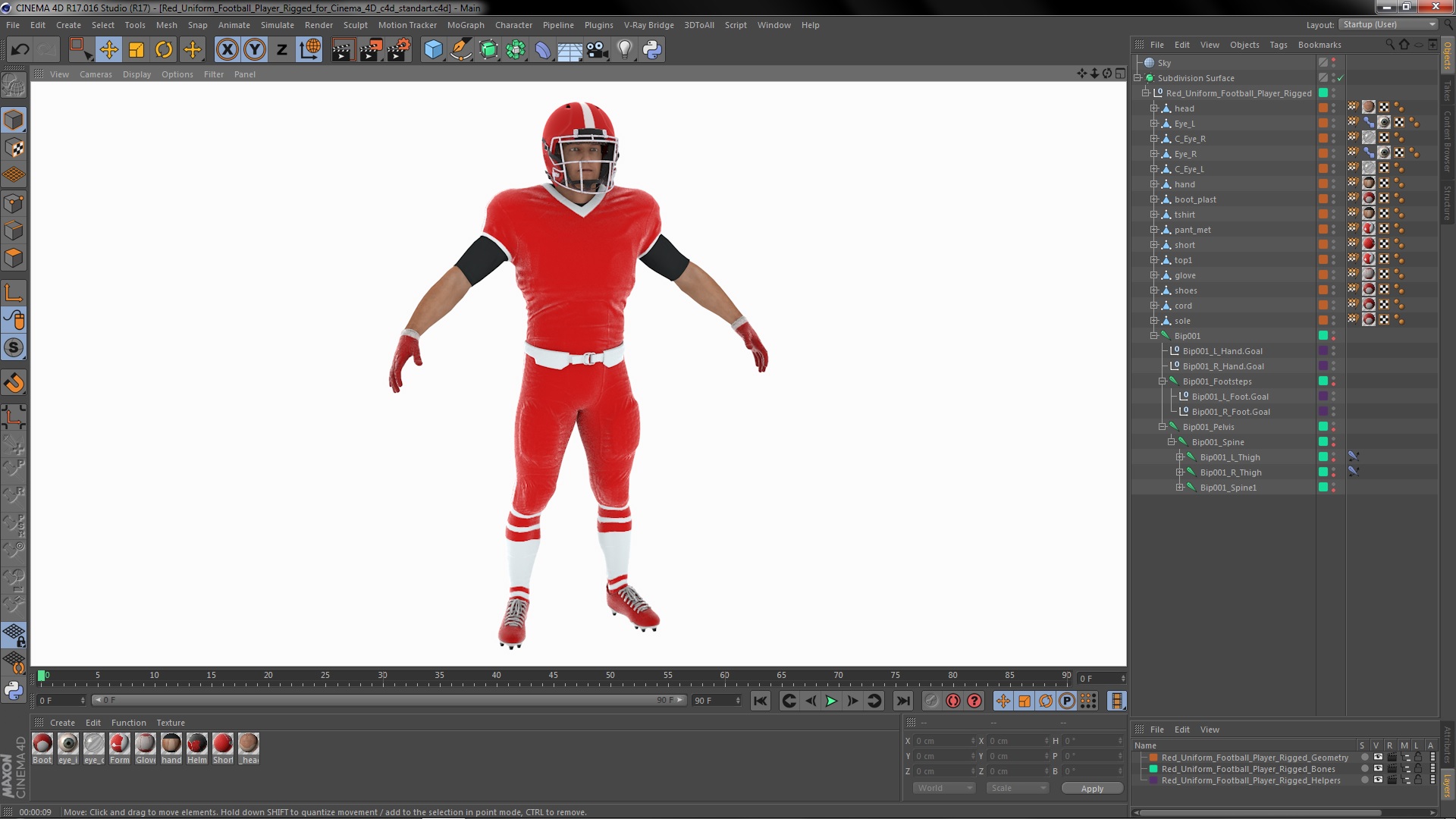 3D Red Uniform Football Player Rigged for Cinema 4D model